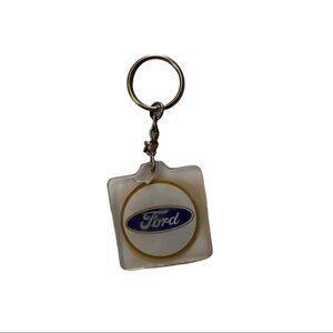 Vintage 80s Ford Motor Company Ford Logo White Blue Square Keychain Key Fob